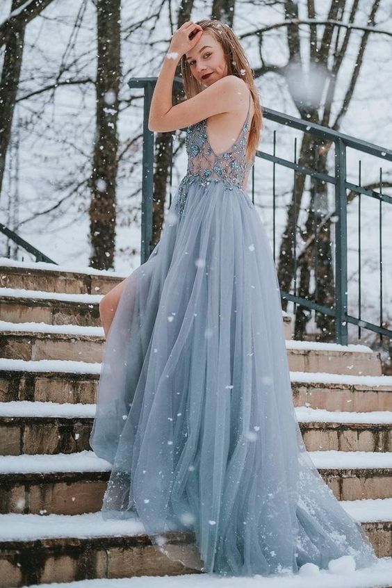 Elegant elegant misty blue long formal dress features with spaghetti straps prom gowns cg22365