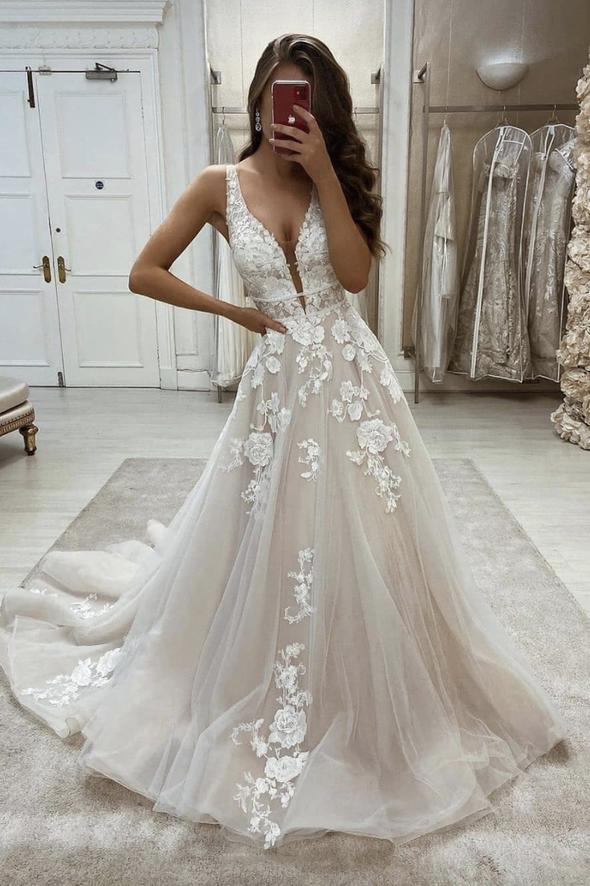 Stylish v neck lace long A line prom dress evening dress cg22372