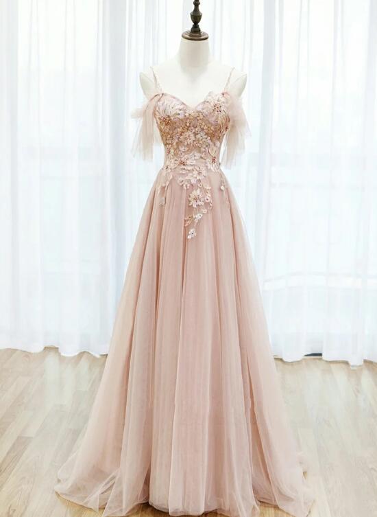 Pink Tulle Lace Applique Flowers Off Shoulder Long Party Dress, Pink A-Line Prom Dress cg22377