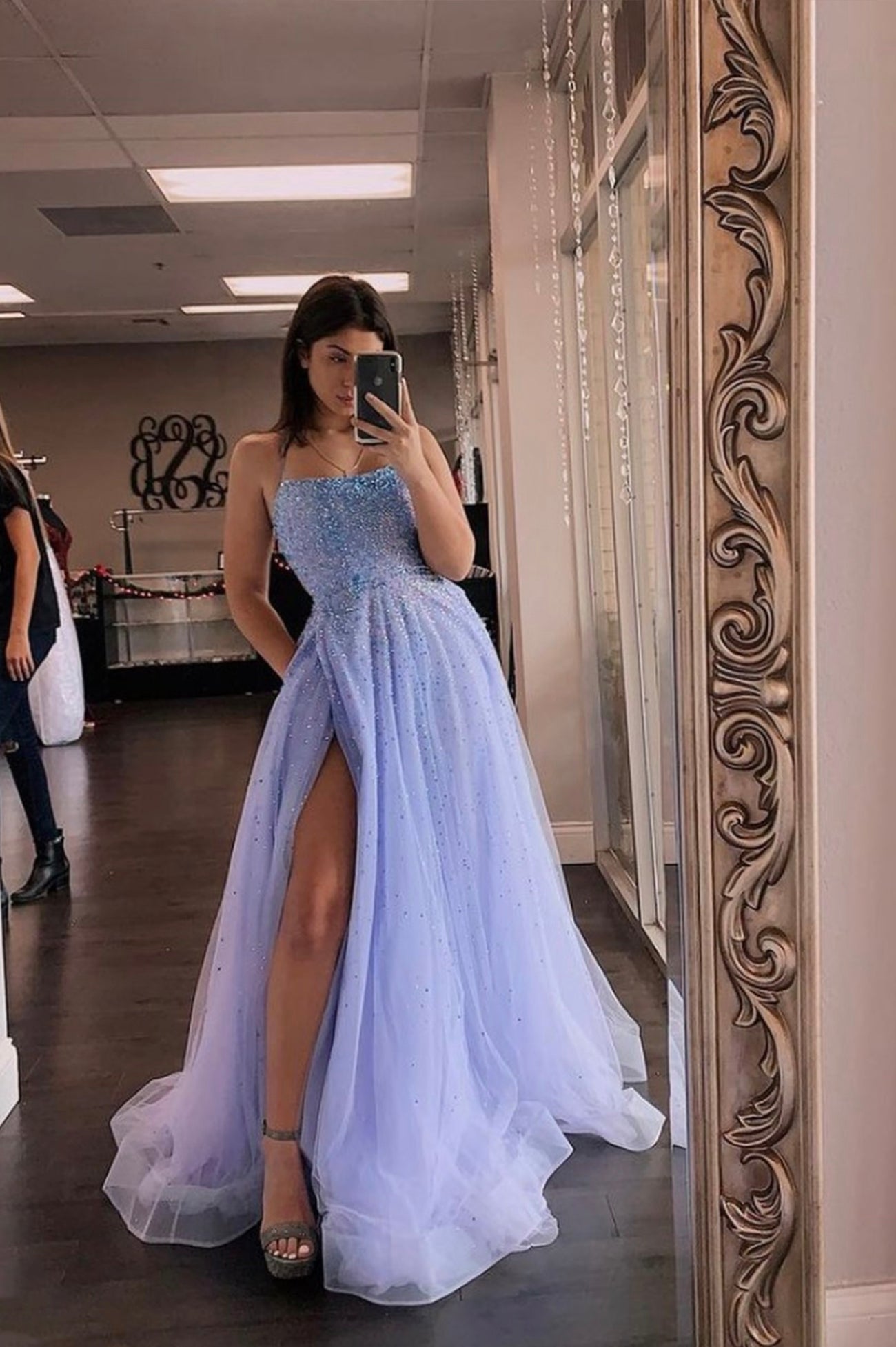 BLUE TULLE BEADS LONG A LINE PROM DRESS EVENING DRESS cg22382