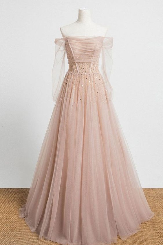 stunning long sleeves nude pink long formal dress prom dress cg22413