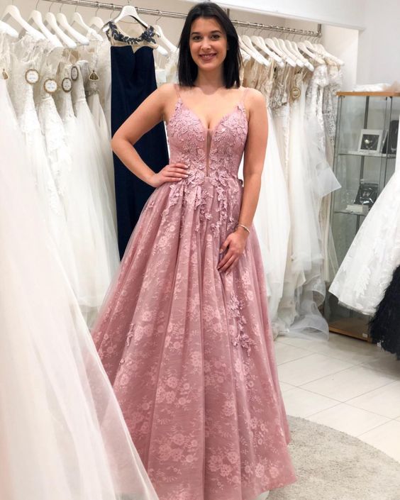 A-line Spaghetti Strap Applique Prom Dress, Floor Length Prom Dress cg22421