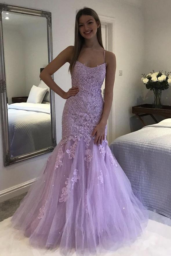 Purple tulle long A line prom dress mermaid evening dress cg22422