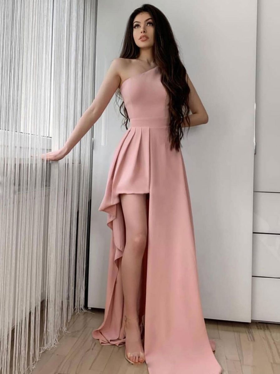 Simple pink one shoulder long prom dress pink evening dress cg22433
