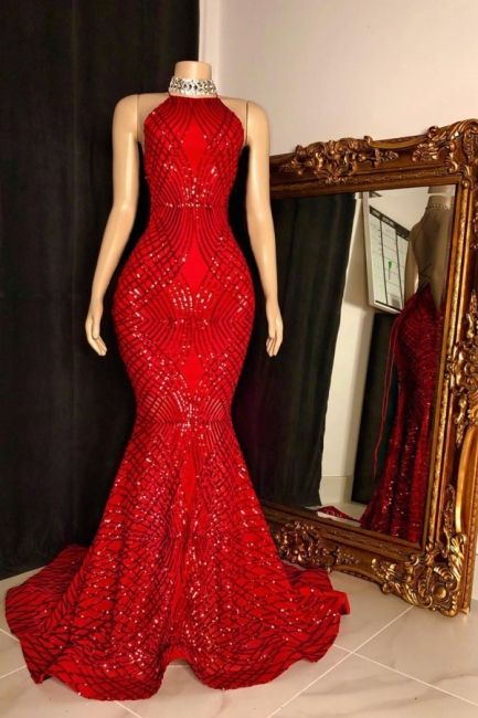 Halter Sleeveless Red Long Sequin Trumpet Prom Dresses cg22450