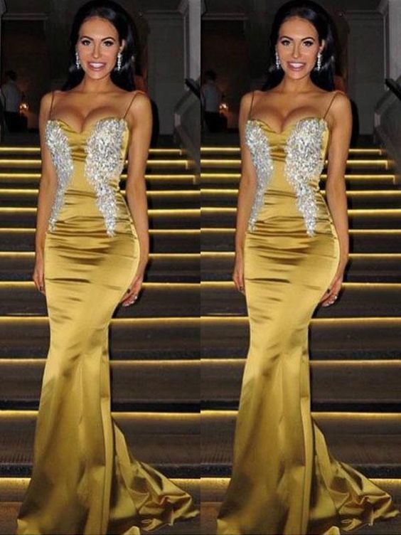 Mermaid Sleeveless Spaghetti Straps Sweep/Brush Train With Beading Satin Prom Dresses cg22478