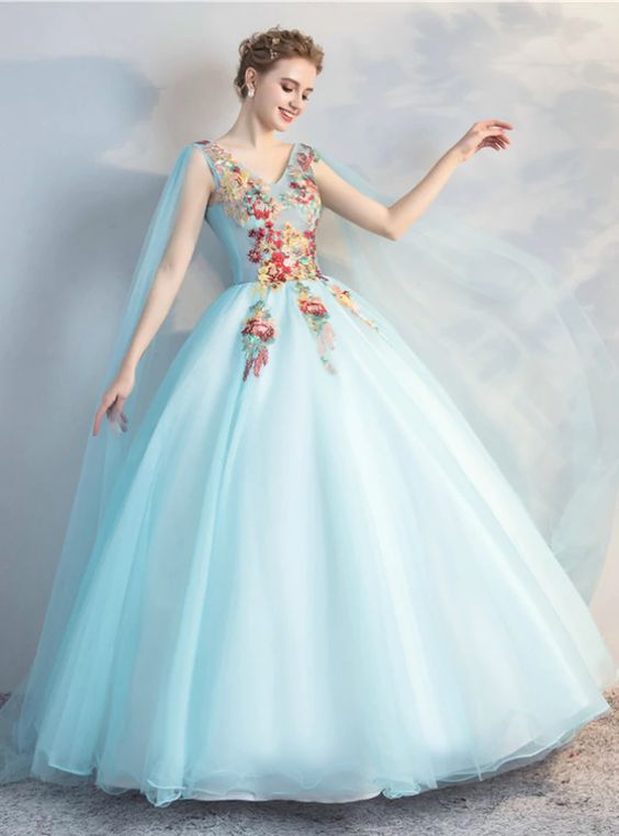 Blue Tulle V-neck Embroidery Appliques Quinceanera Dress Prom Dresses cg22499