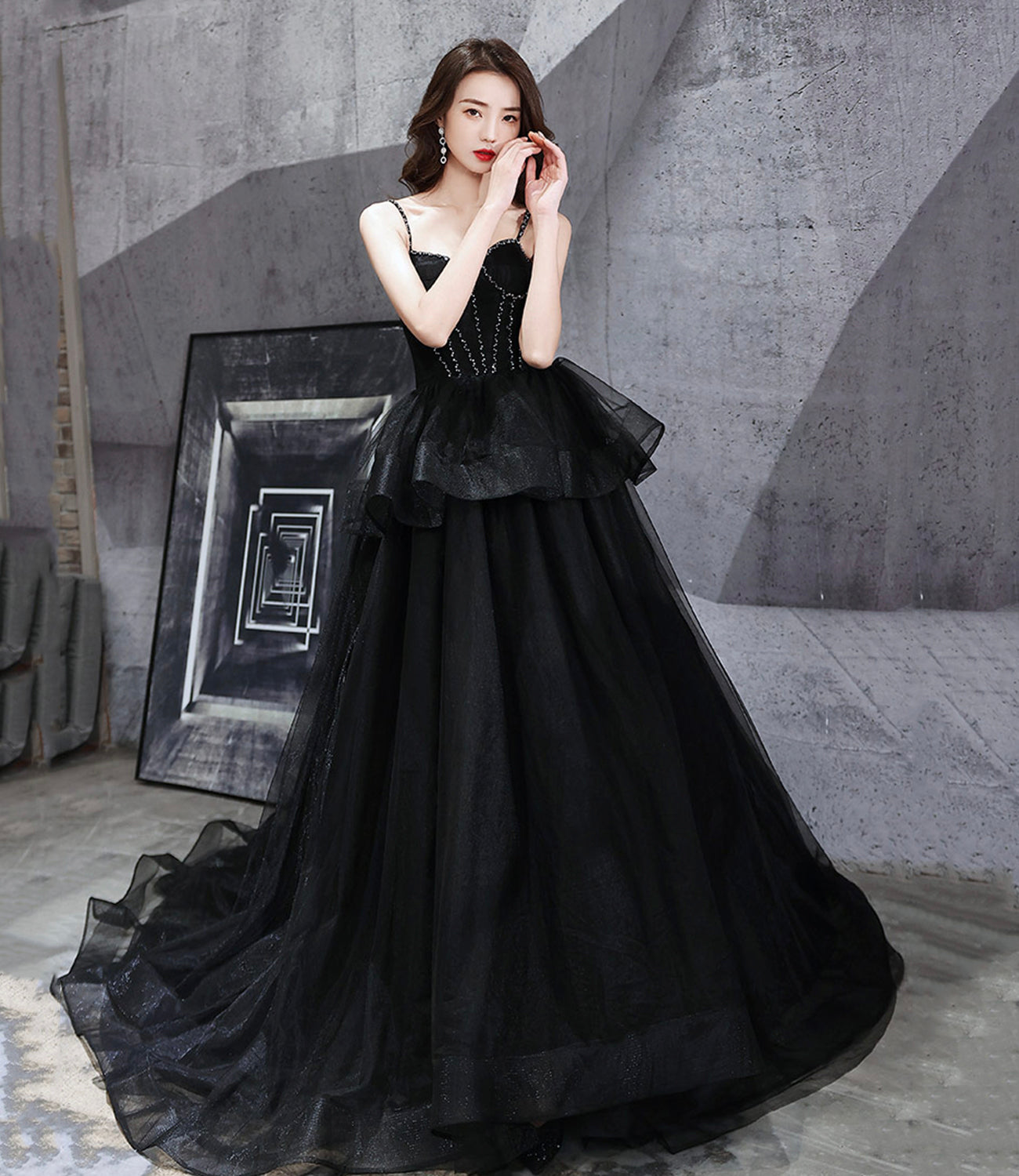 BLACK TULLE LONG BALL GOWN DRESS BLACK EVENING DRESS cg22508