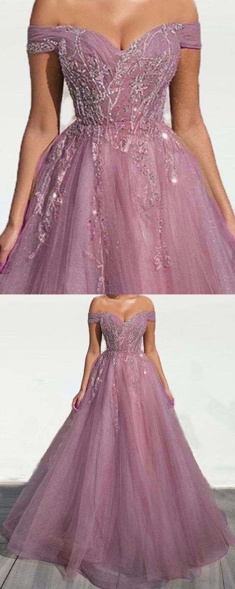 Mauve prom dresses princess off the shoulder tulle appliques ball gown for women cg22553