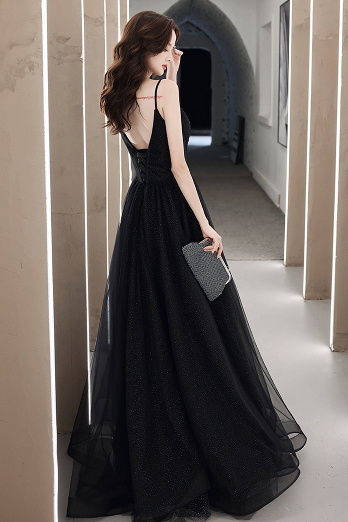 BLACK TULLE LONG A LINE PROM DRESS EVENING DRESS cg22554