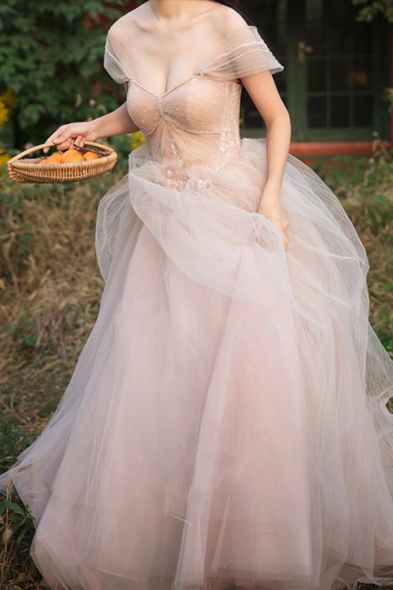 off the shoulder pink tulle long formal gown prom dress cg22555