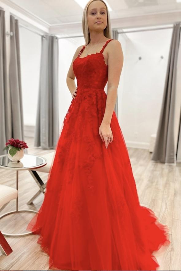 Red tulle lace long A line prom dress evening dress cg22569