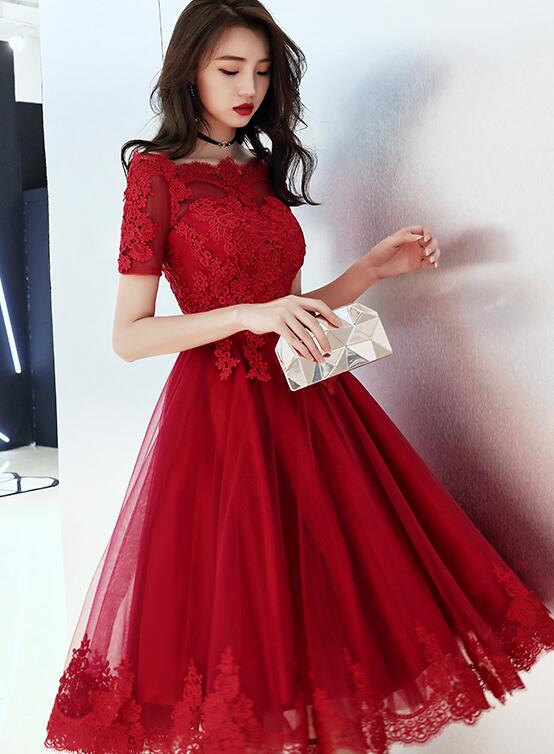 Wine Red Tulle Short Homecoming Dress With Lace Applique cg22570