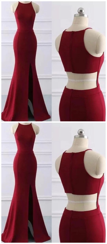 Wine Red Halter Mermaid Long Party Dress With Leg Slit, Sexy Long Formal Dress prom Dress cg22571