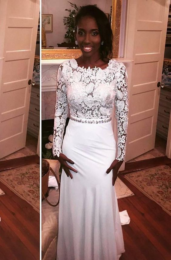 Unique White Long Sleeve Sweep Train Lace Mermaid/Trumpet Prom Dresses cg22583