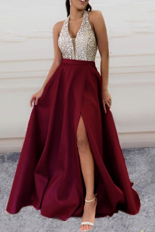 Beaded halter long satin prom dresses brugundy evening gown side split cg22603