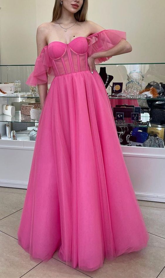 Pink Corset Prom Dresses Tulle Off The Shoulder Formal Gown For School Dancing cg22604