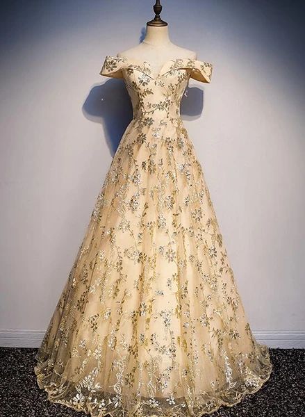 Charmiang Light Gold Long Off Shoulder Party Dress, Prom Dress cg22608