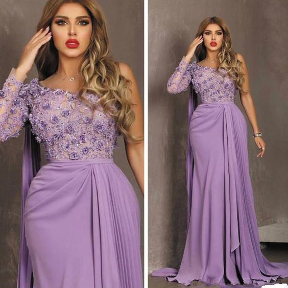Purple Prom Dresses Robe De Soiree One Shoulder Lace Applique cg22620