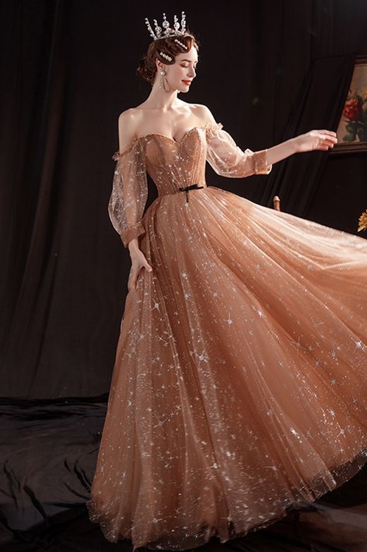 Gorgeous long sleeves champagne evening dress features with A-line Prom Dresses cg22637