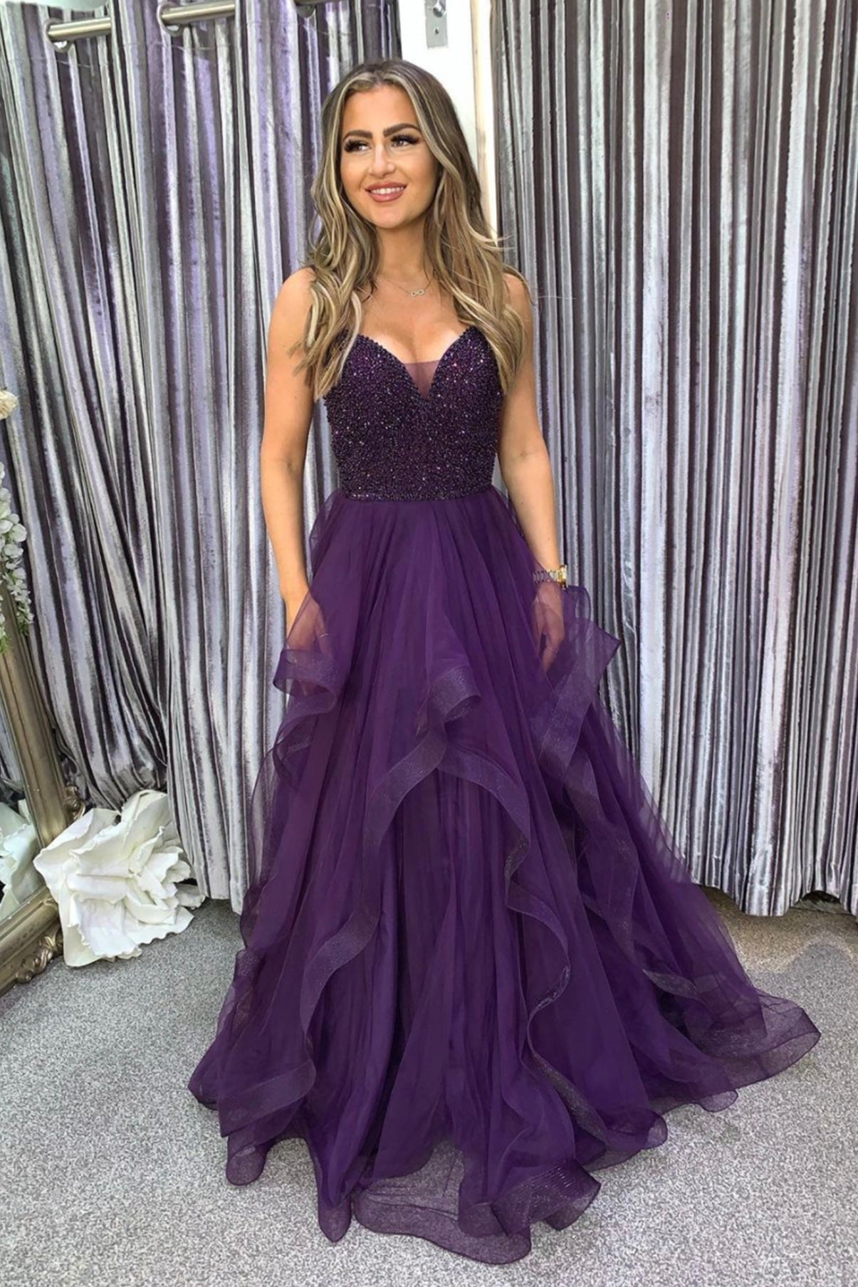 PURPLE TULLE LONG A LINE PROM DRESS WITH BEADS cg22643