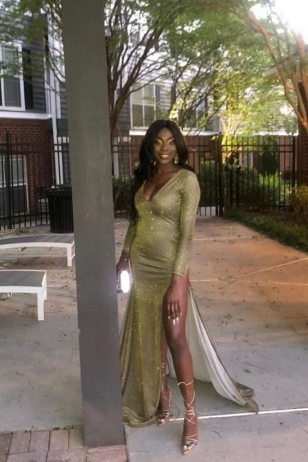 V-neck Long Sleeves Sequins Fitted Prom Dresses with High Split cg22646