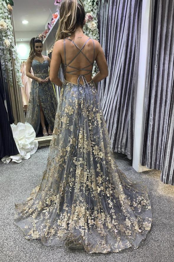 Gray tulle sequins long A line prom dress evening dress cg22658