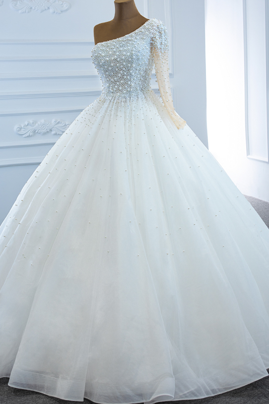 White Tulle One Shoulder Long Crystal Beaded Prom Dress, Formal Dress Party Gown cg22658