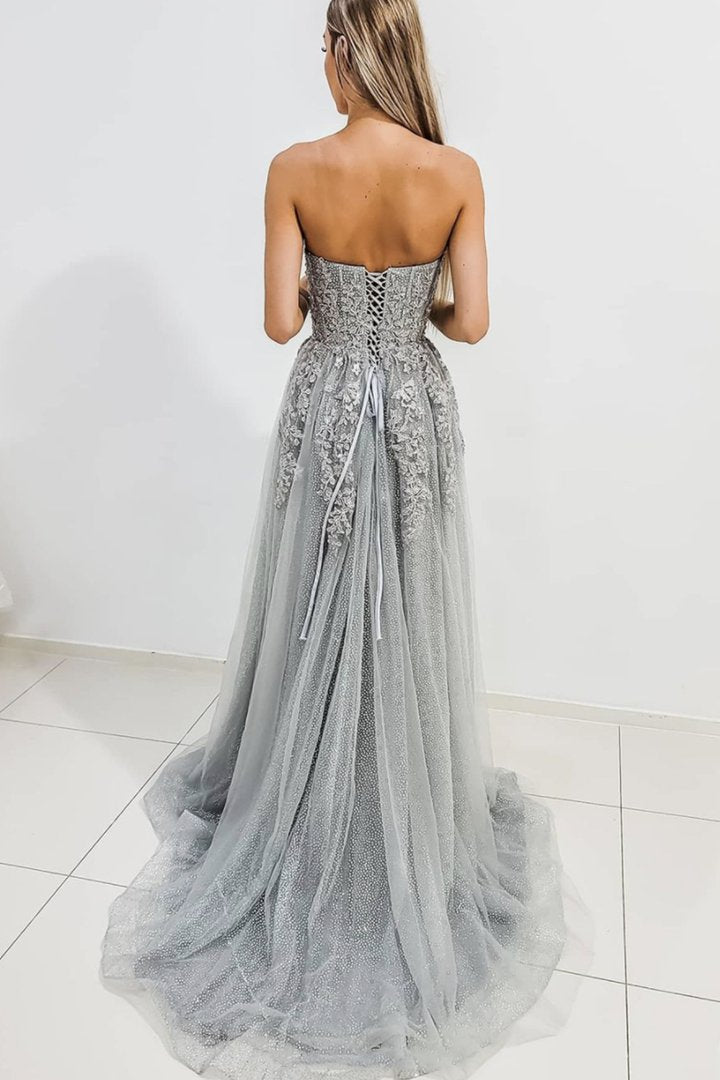 Gray tulle lace long A line prom dress evening dress cg22668