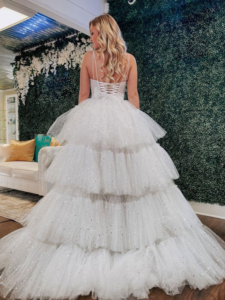 WHITE V NECK TULLE HIGH LOW PROM DRESS WHITE TULLE FORMAL DRESS cg22669