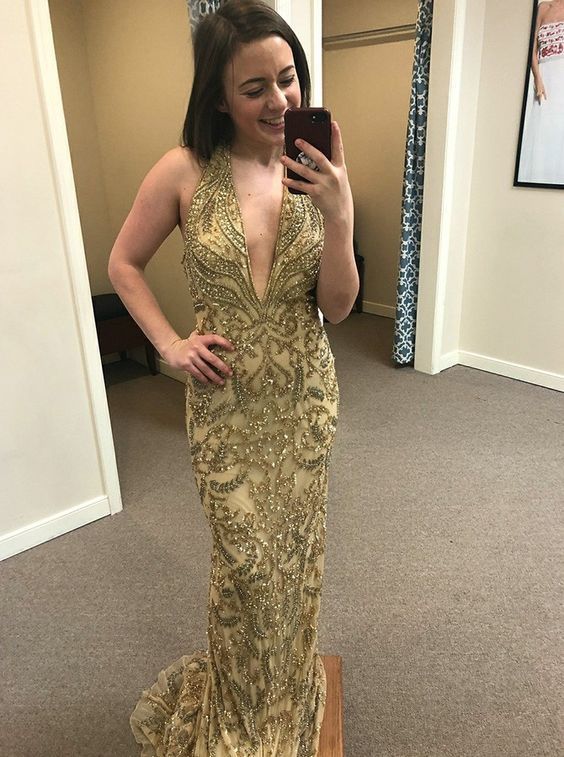 Halter Gold Prom Dress Low Back Special Occasion Dress cg22684