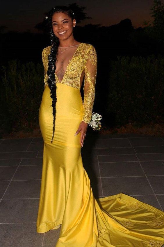 Long Sleeves Lace Sheath Elastic Satin Open Front Long Yellow Prom Dresses cg22699