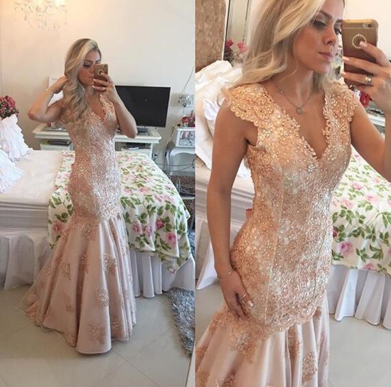 Pink Evening Dress, Lace Applique Mermaid, Modest Evening Dress, Deep V Neck ,Elegant Evening Dresses cg22707