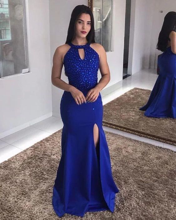 Royal Blue Sheath Side Slit Beaded Backless Halter Prom Dresses cg22721