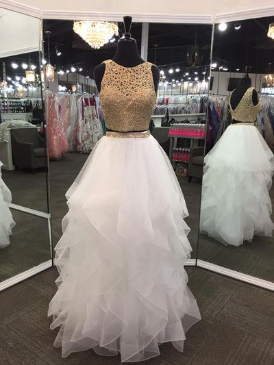 White Prom Dresses, Formal Dresses, Ball Gown Gold Lace Evening Dresses cg22760