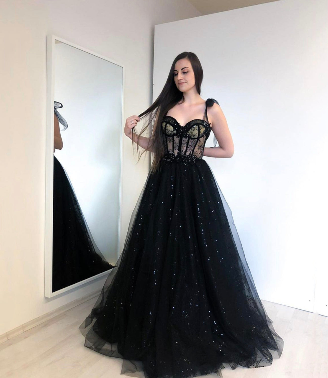 BLACK TULLE LONG A LINE PROM DRESS EVENING DRESS cg22764