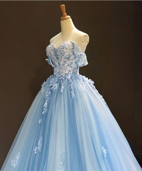Sky Blue Tulle Off Shoulder Sweetheart Neck Long Lace Applique Senior Prom Dress cg22789