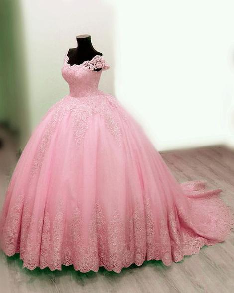 Elegant pink prom dresses off the shoulder ball gown lace appliques cg22893