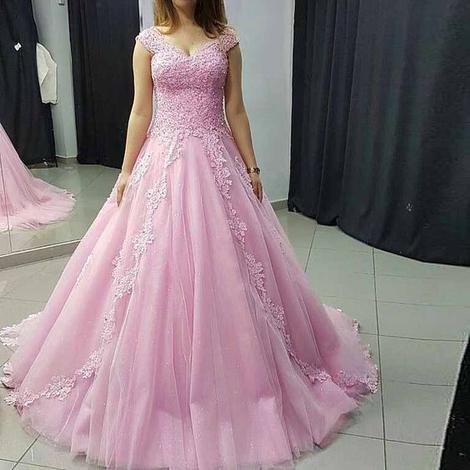 Princess Ball Gown Prom Dress Pink Tulle Cap Sleeve Wedding Party Dress With Lace Appliques cg22899