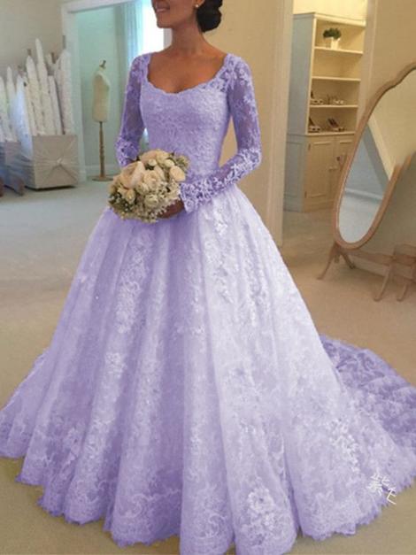 Purple Patchwork Lace Grenadine Elegant Square Neck Long Sleeve Prom Dress cg22904