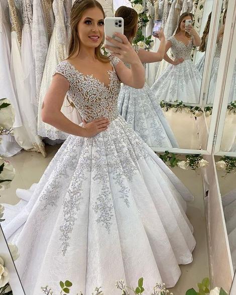 White Cap Sleeves Ball Gown, Charming Prom Dress With Lace cg22905