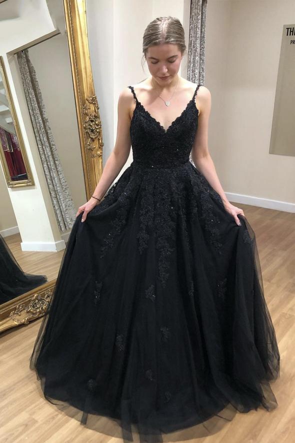 Black v neck lace long A line prom dress evening dress cg22959