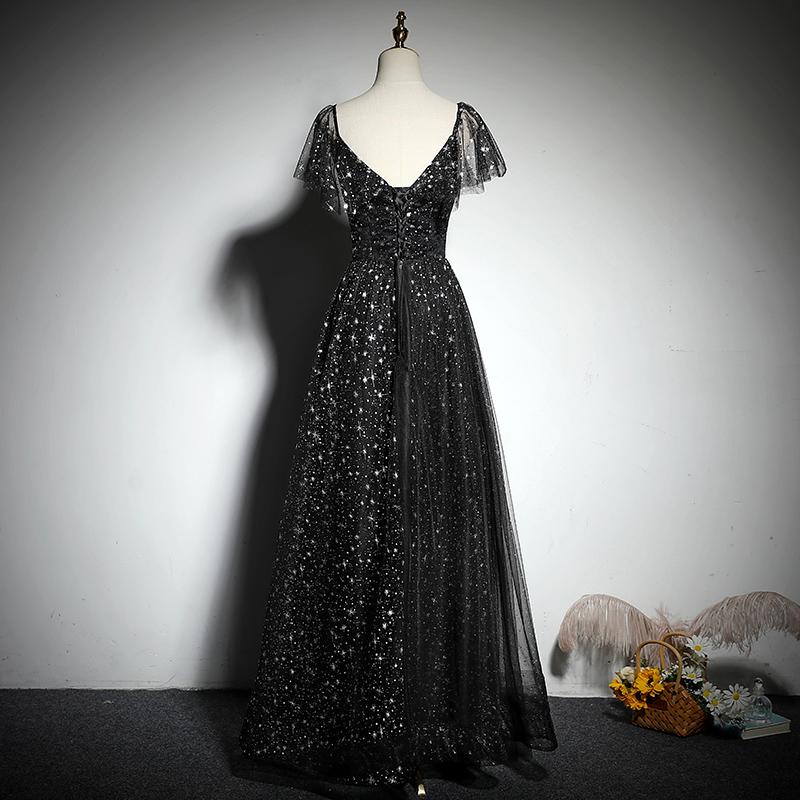 Black V-Neckline Cap Sleeves Floor Length Party prom Dress, Black A-Line Evening Dress cg22965