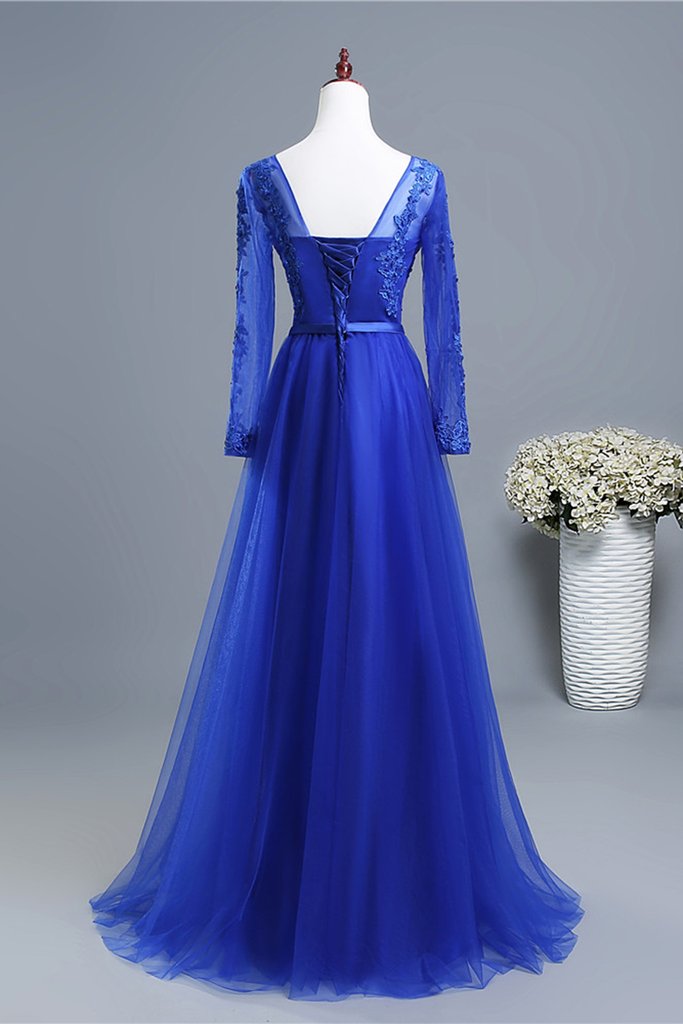 Royal Blue Long Sleeves Tulle With Lace Applique Formal prom Gown cg22966