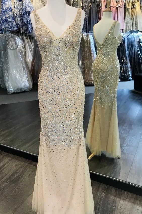 V Neck Tulle With Beading Floor Length Prom Dress cg22975