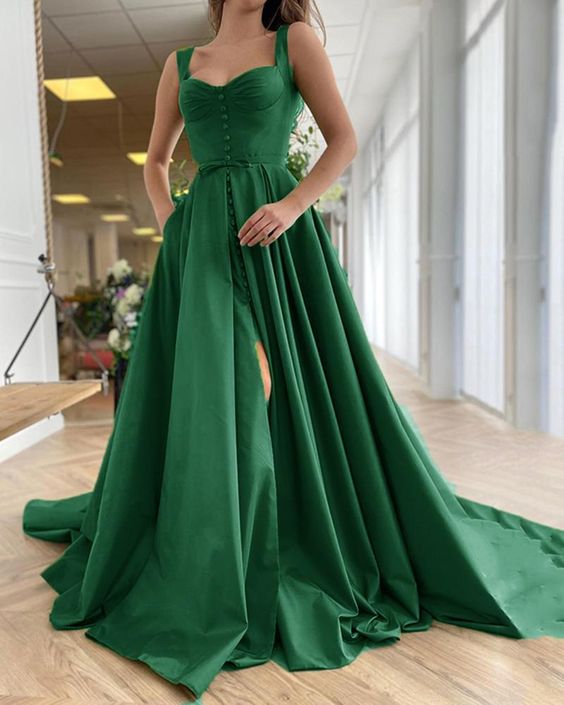 Emerald Green Satin A Line High Slit Prom Dress with Buttons cg23054