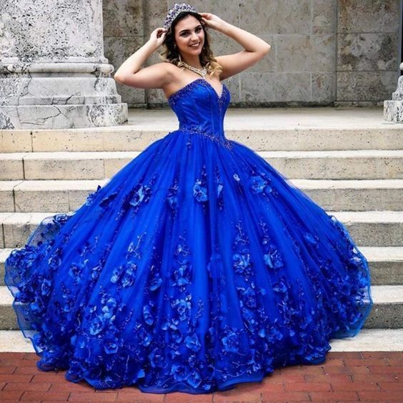 Royal Blue Quinceañera Flowers Corset Top Ball Gown prom dress cg23074