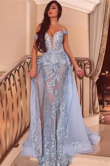 Off the Shoulder Sweetheart Sheer Form-fitting Prom Dresses with Detachable Train cg23088