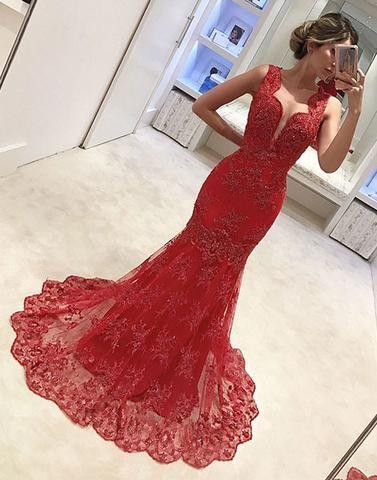Red Lace Mermaid Long Cheap Charming Formal Prom Dress cg23090