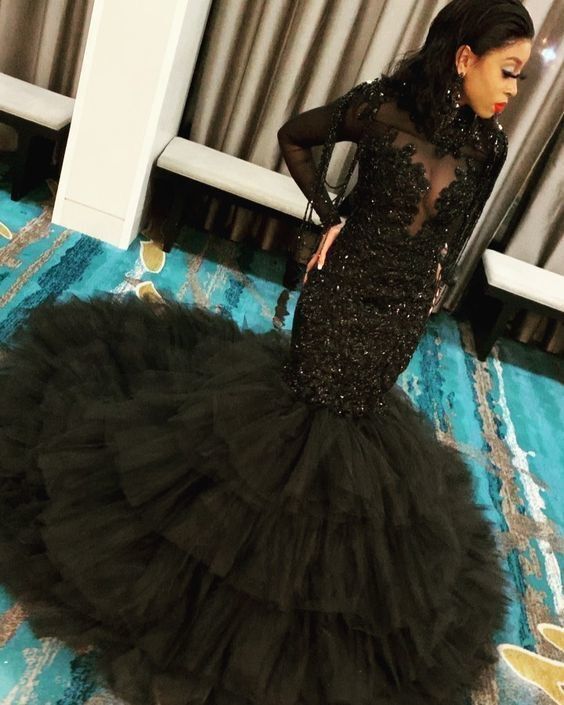 Long Sleeve Black Appliques Formal Mermaid Evening Prom Dresses cg23103
